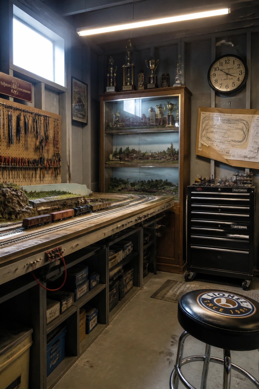 A hobby room featuring a long wooden workbench with model trains, a tall glass display cabinet holding miniature scenes and trophies, a pegboard with tools on the left wall, and a black rolling tool chest on the right.