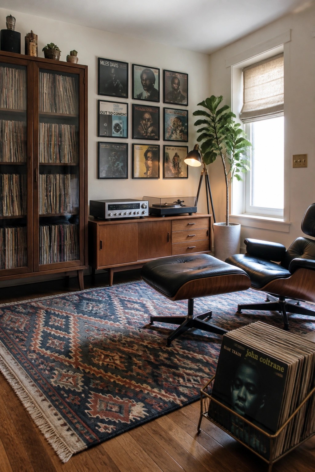 A wooden cabinet with glass doors holds rows of vinyl records beside a low console with audio equipment in a room with a patterned rug and leather lounge chair.