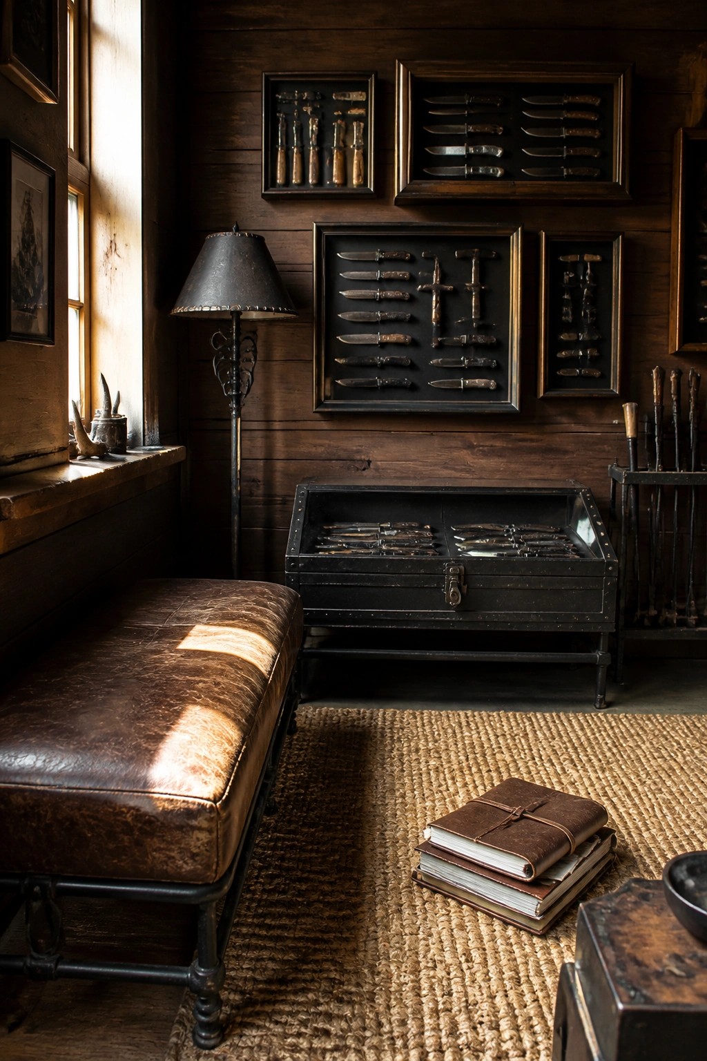 An interior room with dark wood walls showing a black metal and glass display case filled with knives on a woven rug, along with framed knife displays above it and a leather bench to the side.