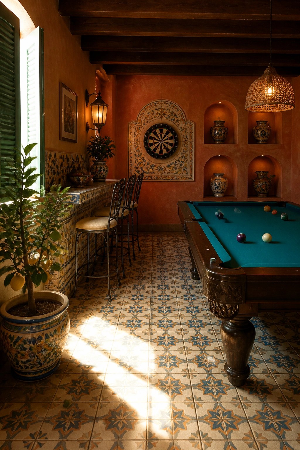 An indoor game room with a pool table, dartboard on the back wall, bar counter with stools, and decorative tile floor.