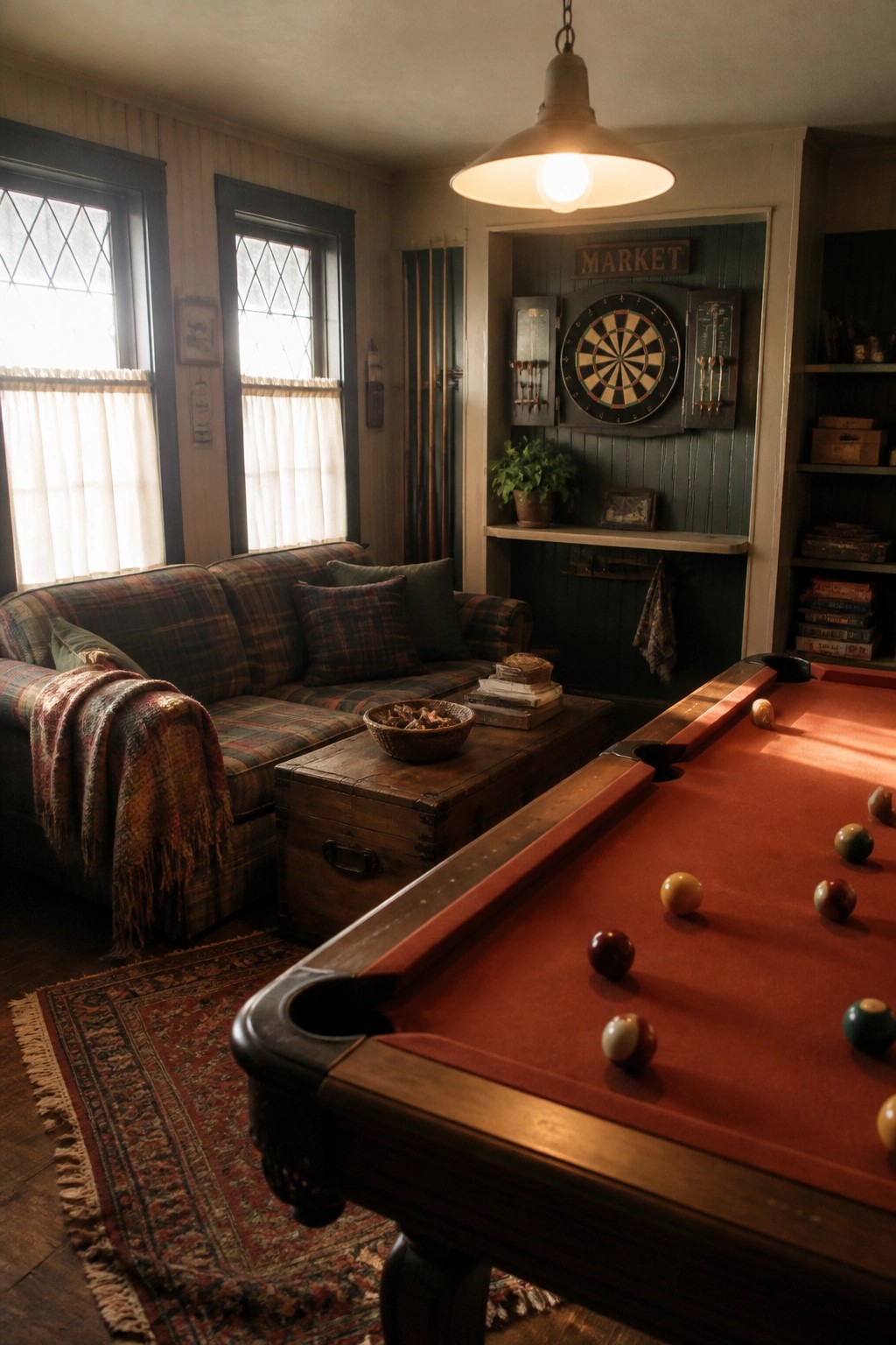 Cozy rustic room with red pool table, plaid sofa, dartboard, and wooden trunk.