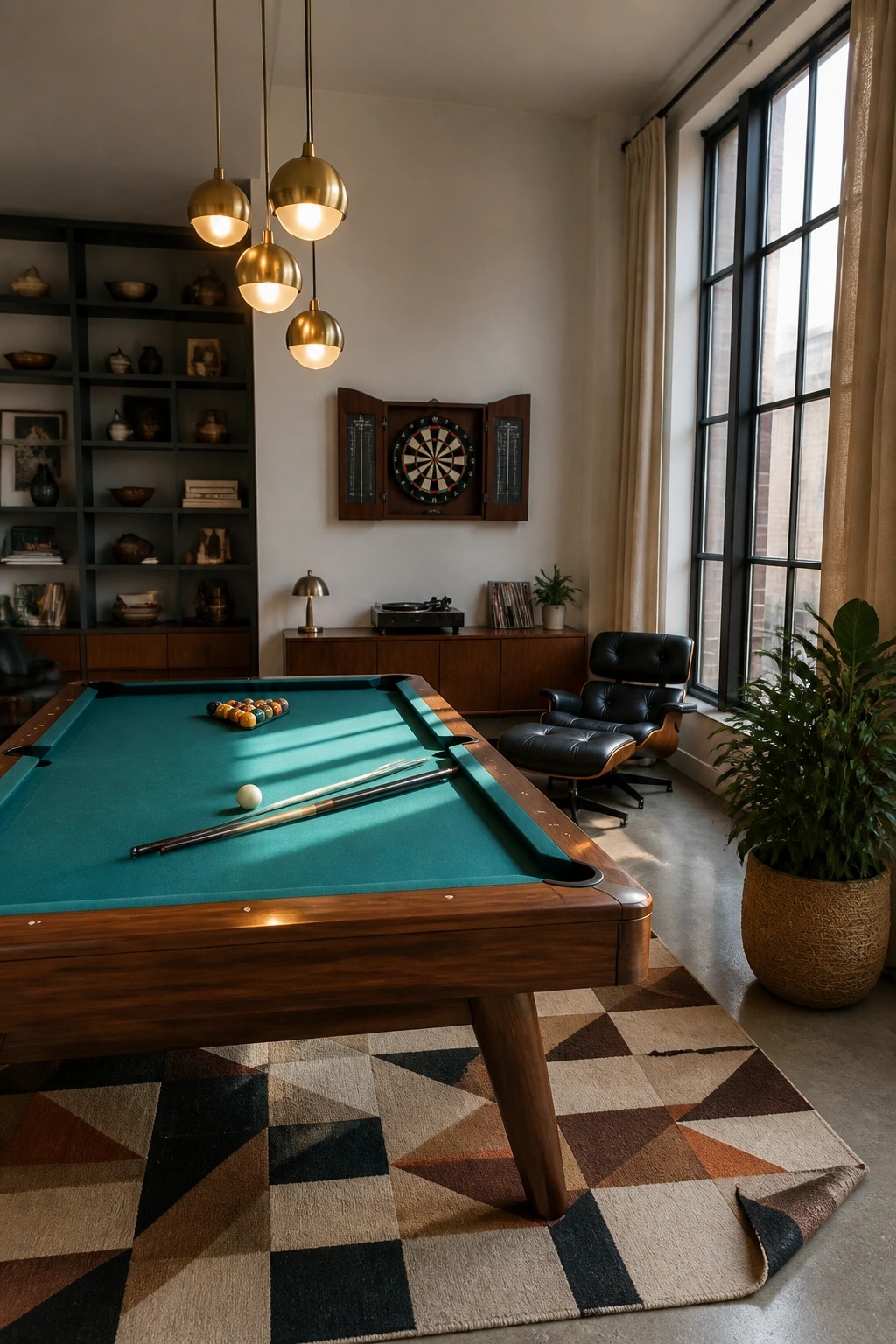 A game room with a wooden pool table in the foreground, a dartboard mounted on the wall above a low console, and a black leather lounge chair with ottoman near a large window.