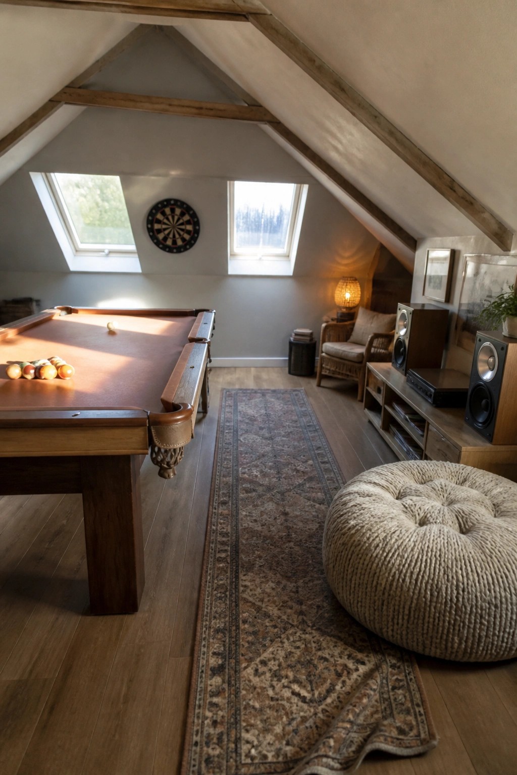 An attic game room featuring a wooden pool table on the left, a dartboard centered between two windows on the back wall, and audio equipment with a large woven pouf on the right side.
