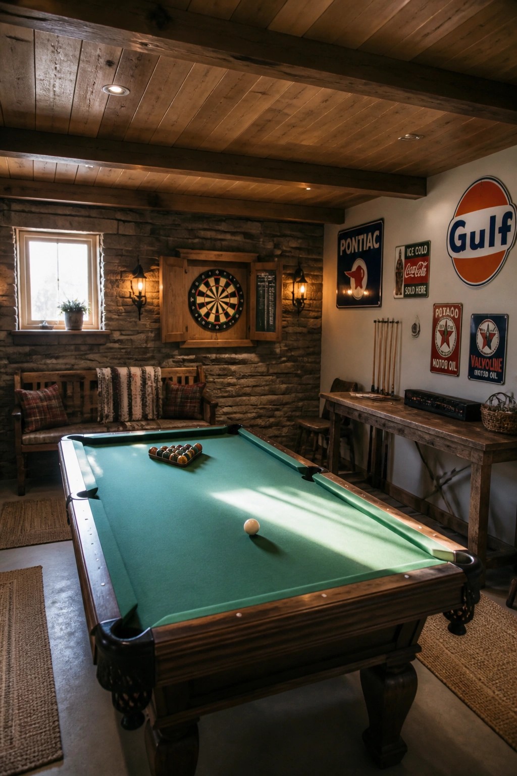 Rustic game room with green pool table, dartboard, and vintage signs on walls.