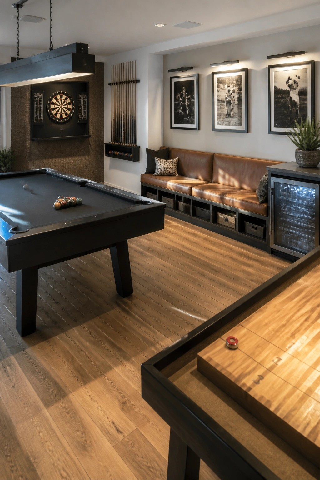 A game room interior with a black pool table, wall-mounted dartboard, long brown bench with storage bins below, and a wooden shuffleboard table in the foreground.