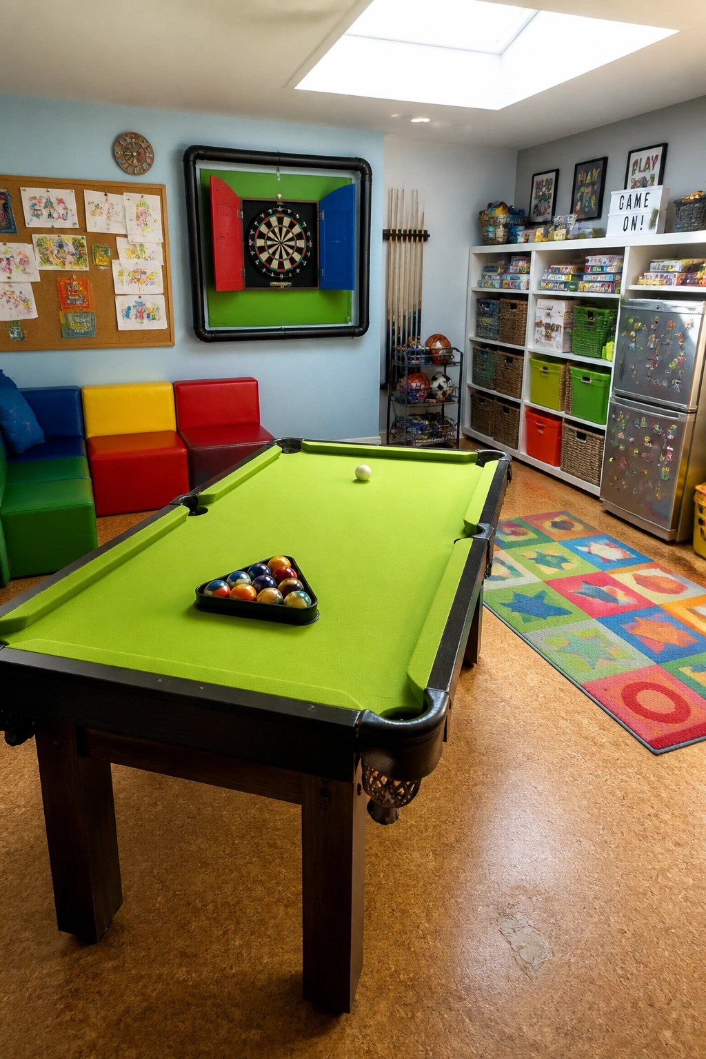 Green pool table in colorful kids' game room with dartboard, toy shelves and rainbow rug