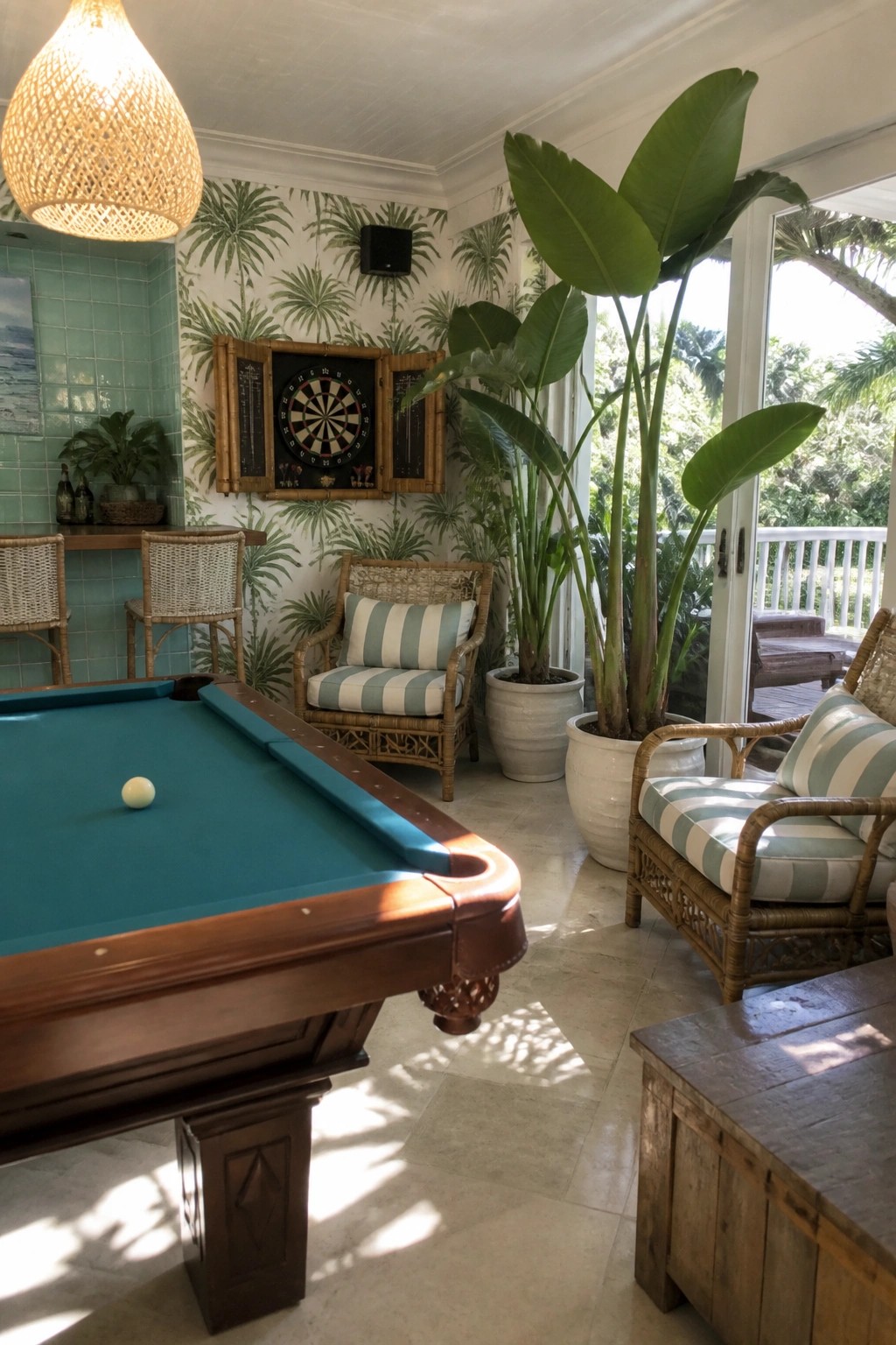 An indoor game room features a teal pool table with a white ball, a dartboard on tropical wallpaper, wicker seating with striped cushions, and a bar area with stools.