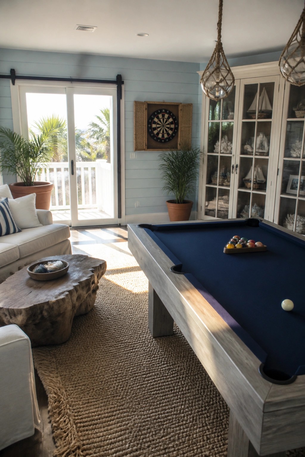 A game room interior featuring a blue pool table, a dartboard mounted on a light blue wall, a white sofa, and sliding glass doors to an outdoor deck.