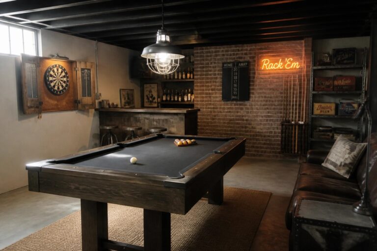 24 Fun Game Room Man Cave Ideas Centered on Pool Tables and Dart Boards A game room with a black pool table centered on a large brown rug, a dartboard on the left wall, and a bar with metal stools along a brick wall.