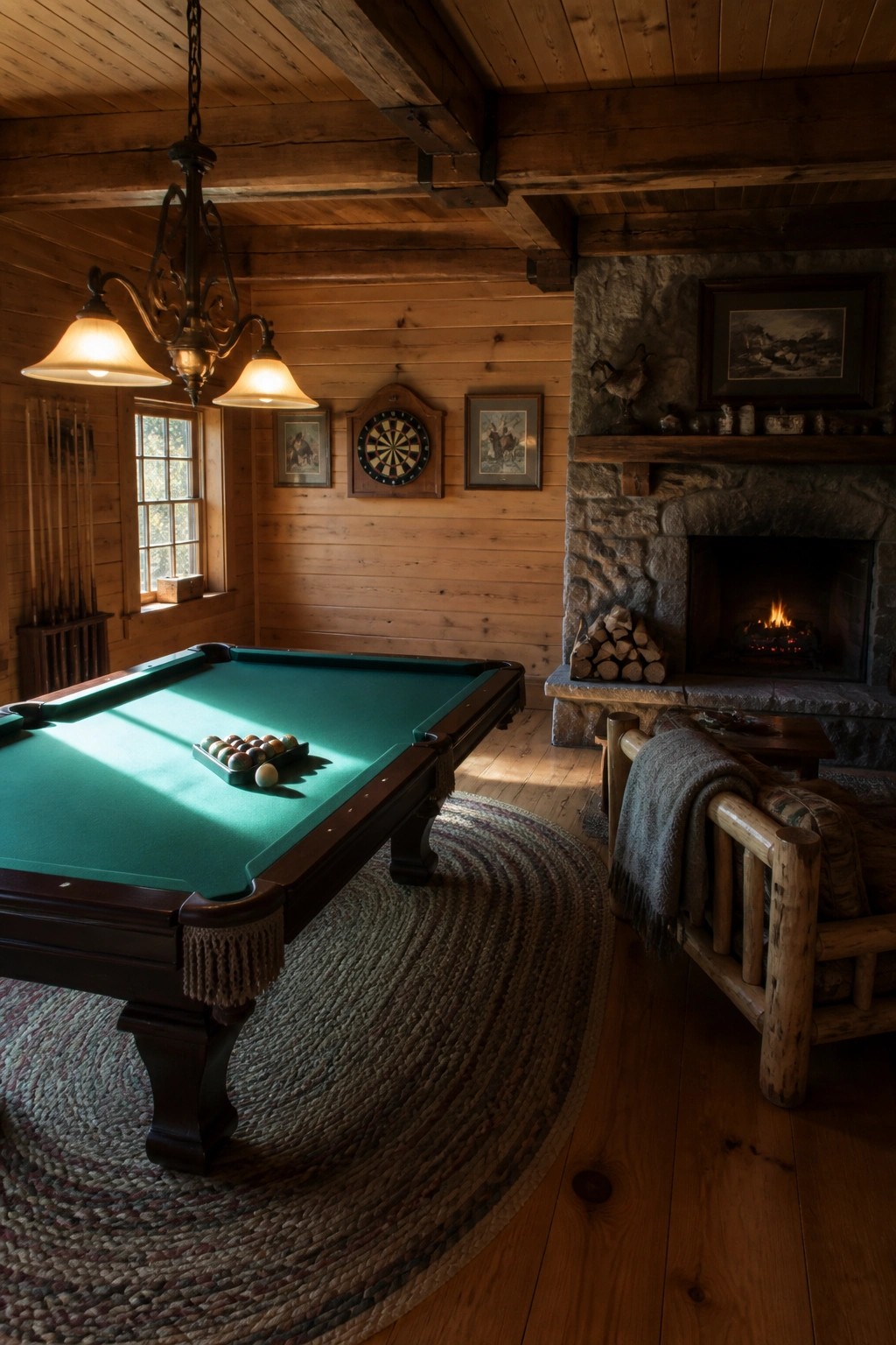 A rustic game room with a green felt pool table, dartboard on wood-paneled wall, stone fireplace, and hanging light fixture.