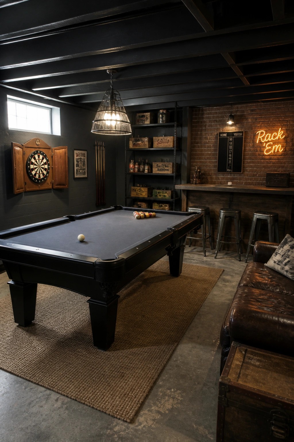 A game room with a black pool table centered on a large brown rug, a dartboard on the left wall, and a bar with metal stools along a brick wall.