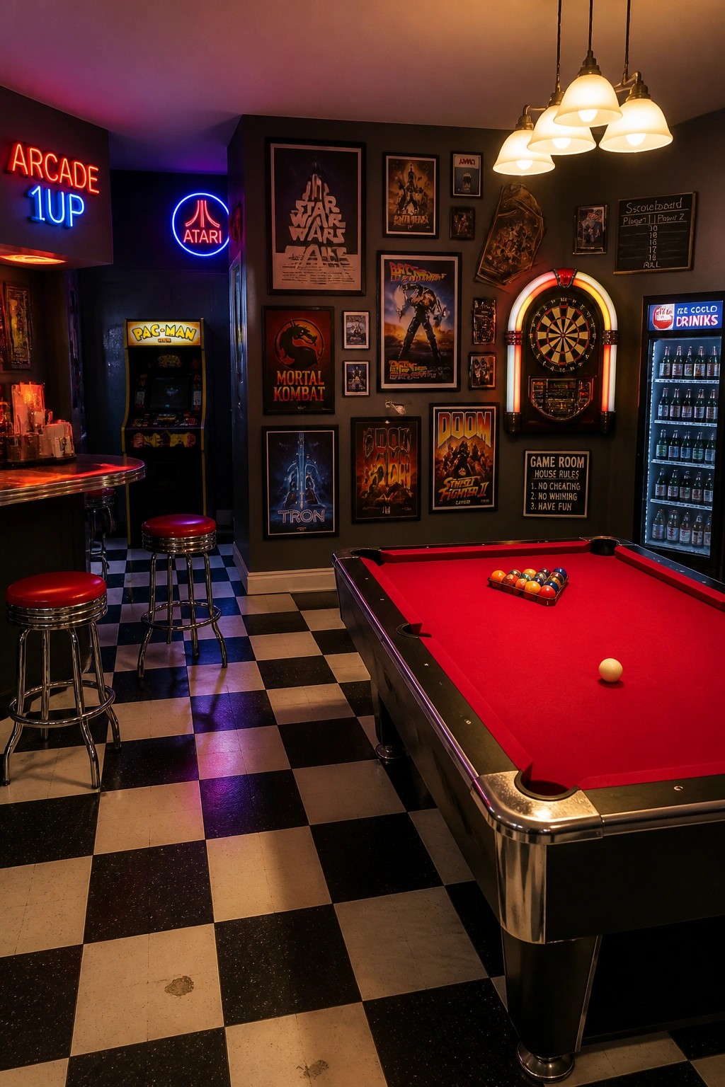 A game room with a red pool table in the foreground and a dartboard mounted on the wall to the right.