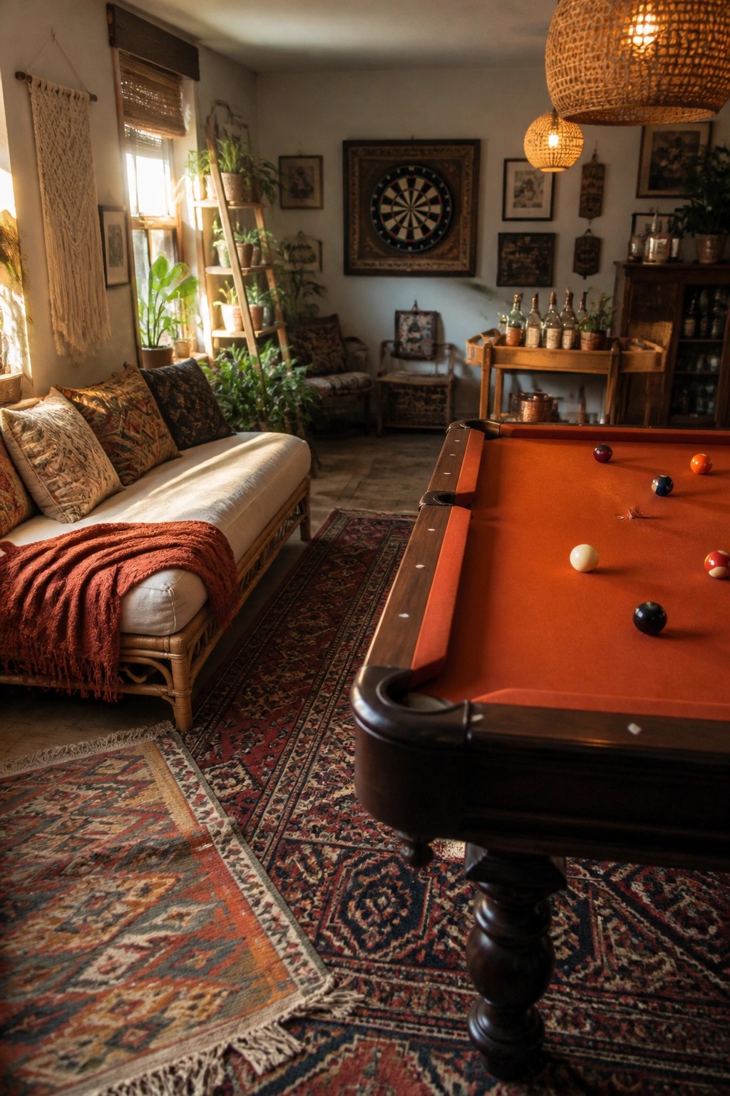 An interior view of a game room with a red-felt pool table in the foreground, a cushioned sofa with pillows and a throw on the left, a dartboard on the back wall, and numerous houseplants placed throughout the space.