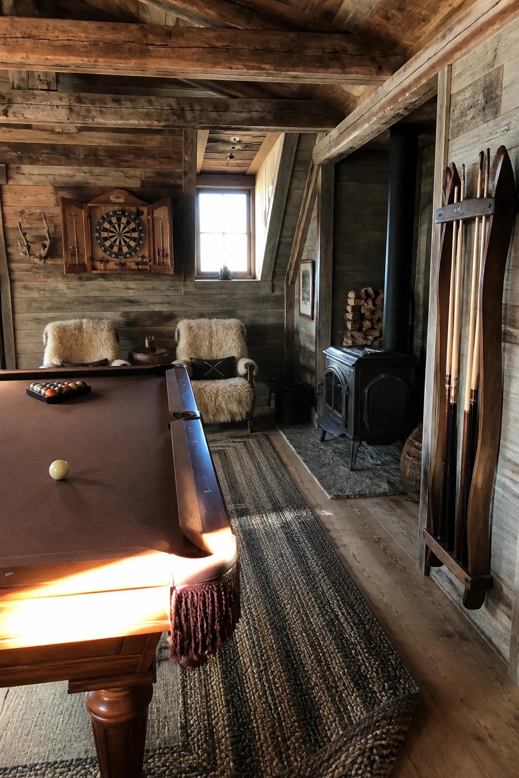 A rustic wooden interior with a pool table in the foreground, a dartboard mounted on the wall above two fur-covered chairs, and a wood stove visible in the background.