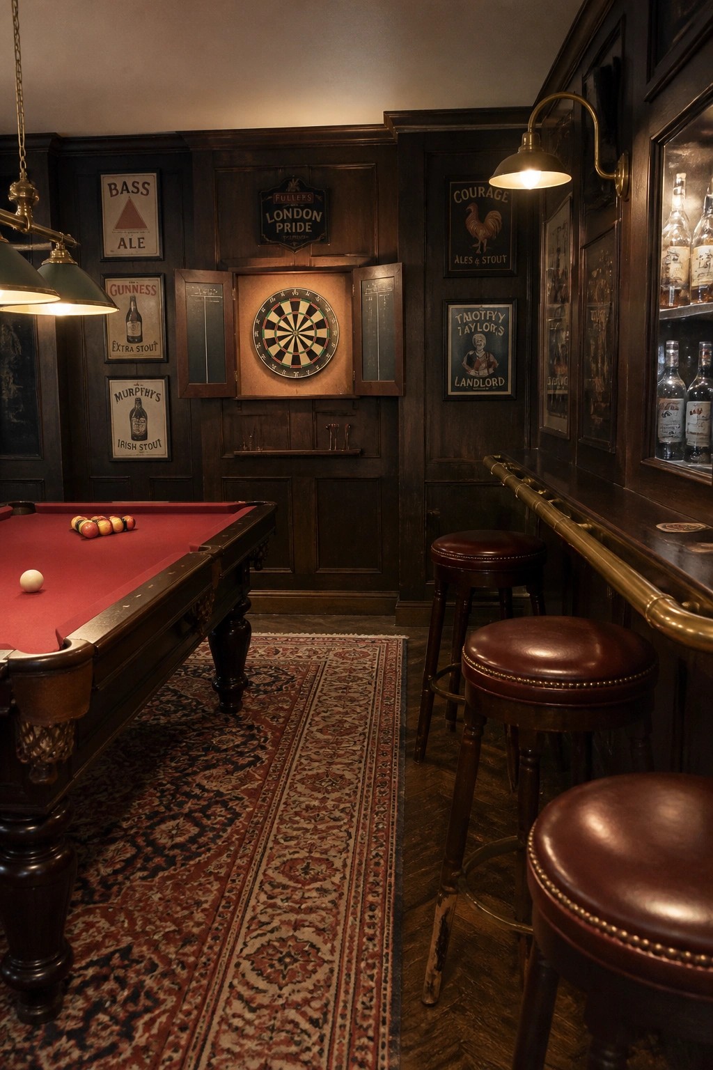 An indoor game room with a red-felt pool table on a patterned rug, a dartboard recessed into dark wood paneling with open cabinet doors, and leather stools along a wooden bar counter.
