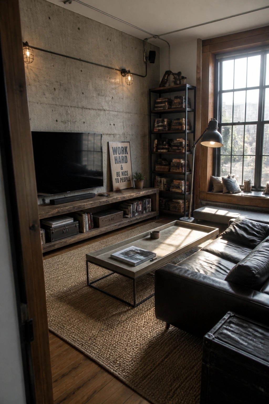A living room featuring an exposed concrete wall with a mounted TV on a reclaimed wood console, a metal bookshelf filled with books, a black leather sofa, and a large window on the right.