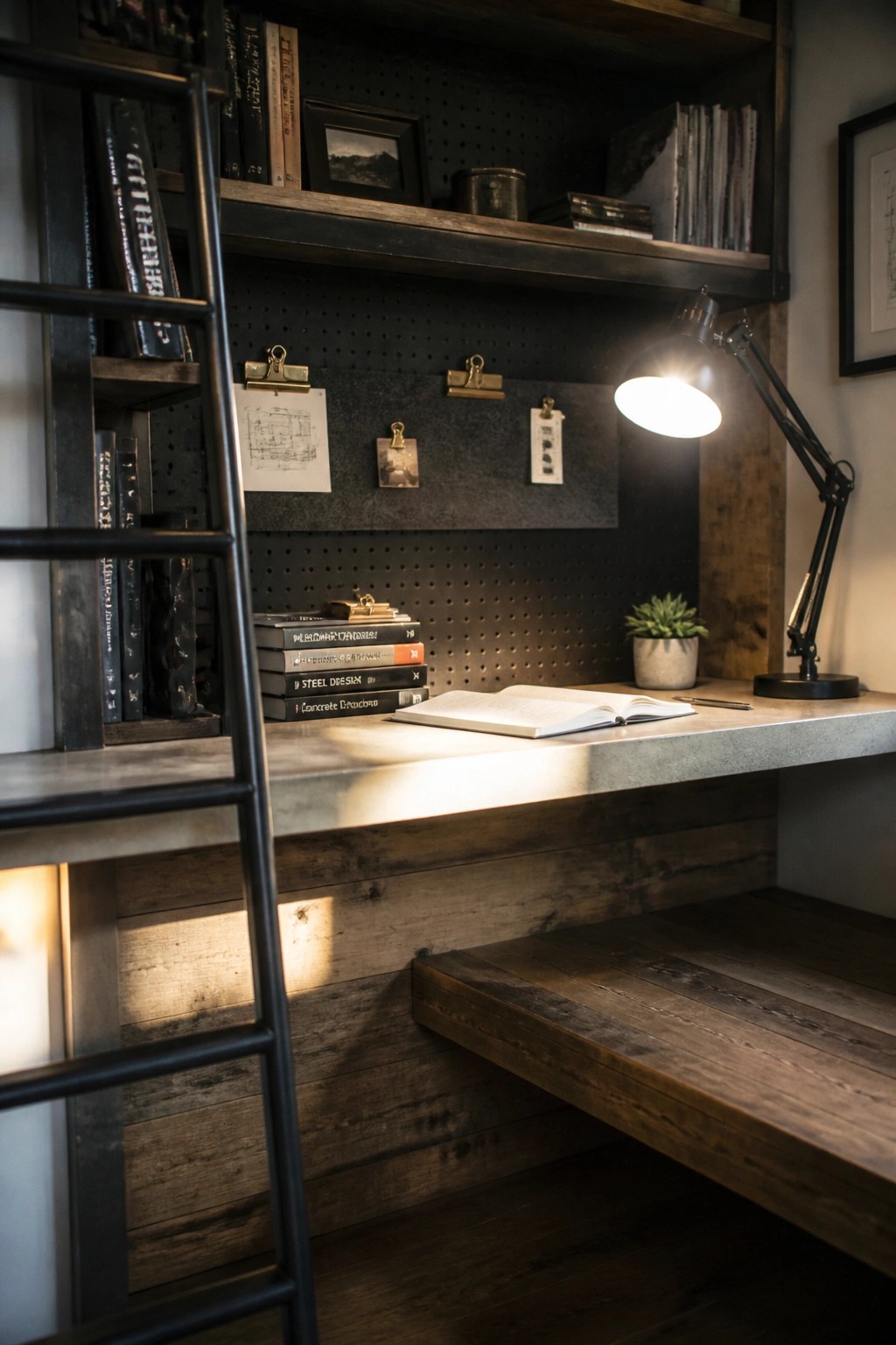 An industrial desk with a concrete top on a reclaimed wood base, a black steel lamp, and shelves above a pegboard wall.