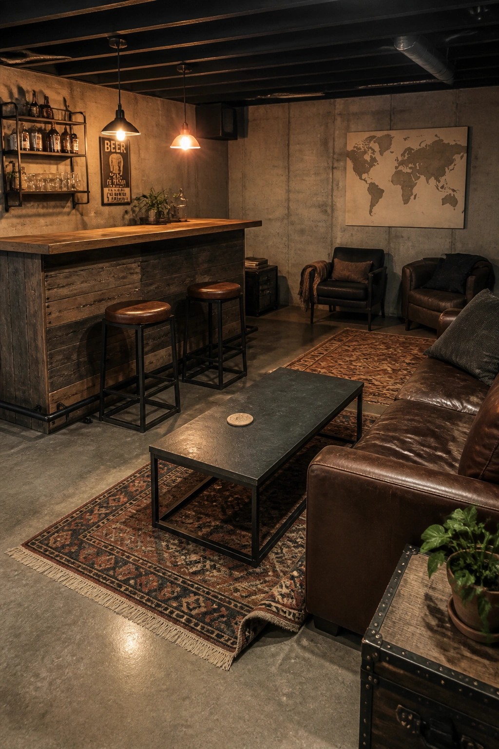 Industrial lounge with leather sofa, wooden bar, stools, rugs, and world map.