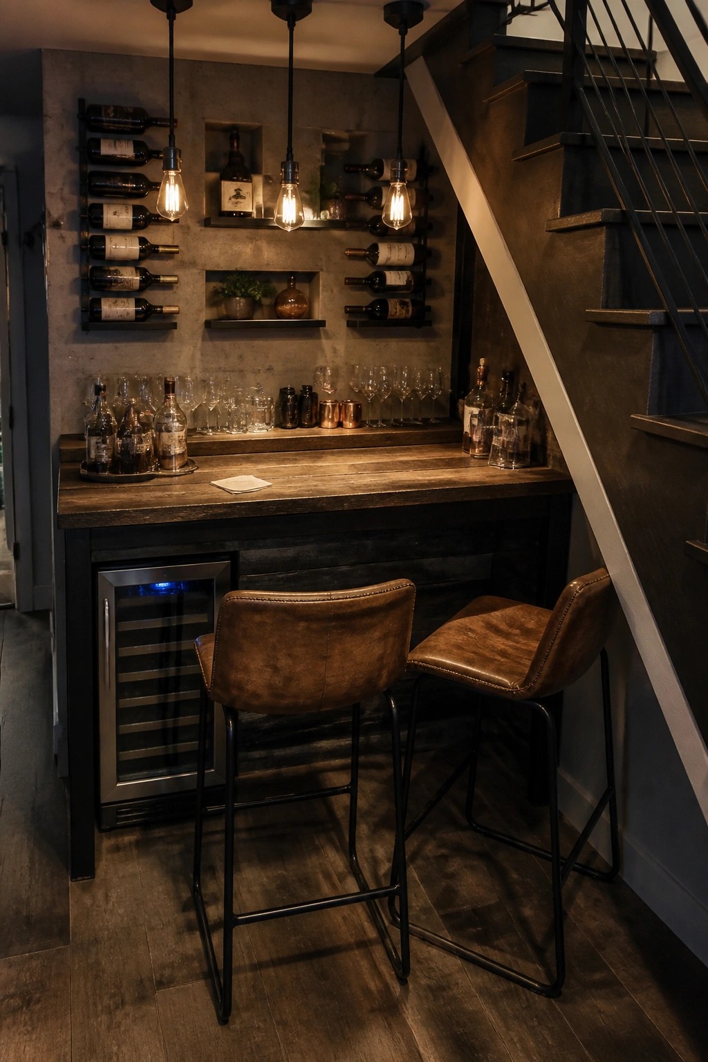 A compact home bar under a staircase with a reclaimed wood counter, two brown leather stools, and concrete walls holding wine bottles on metal racks.