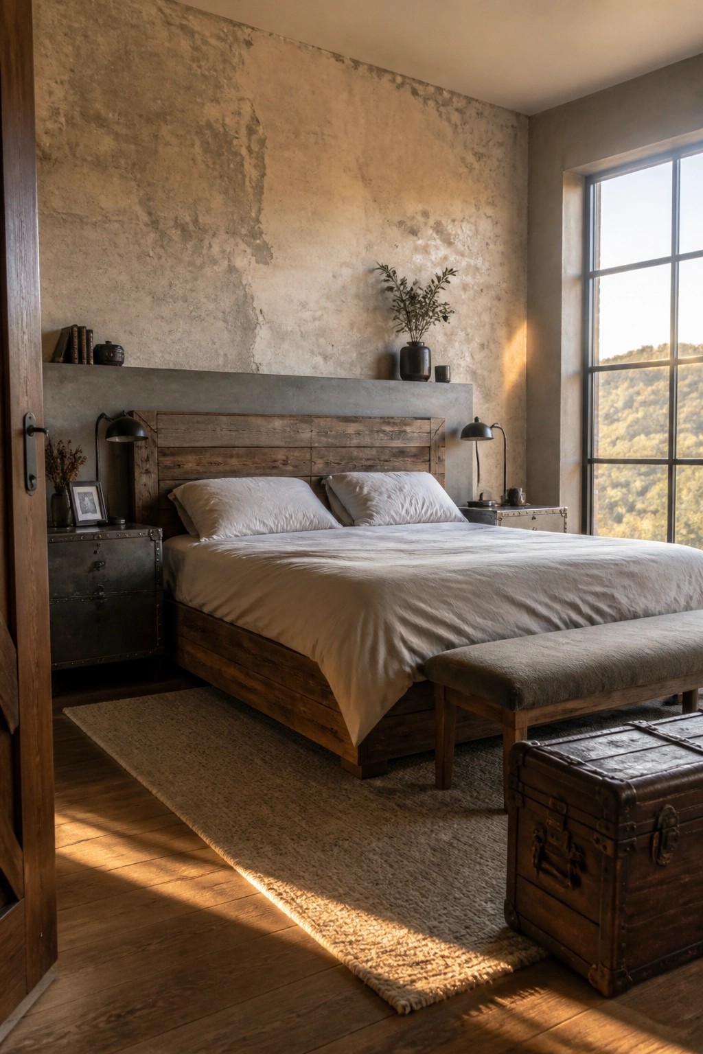 A bedroom with a reclaimed wood bed frame against a concrete wall, white bedding, metal nightstands, and a large window on the right side.