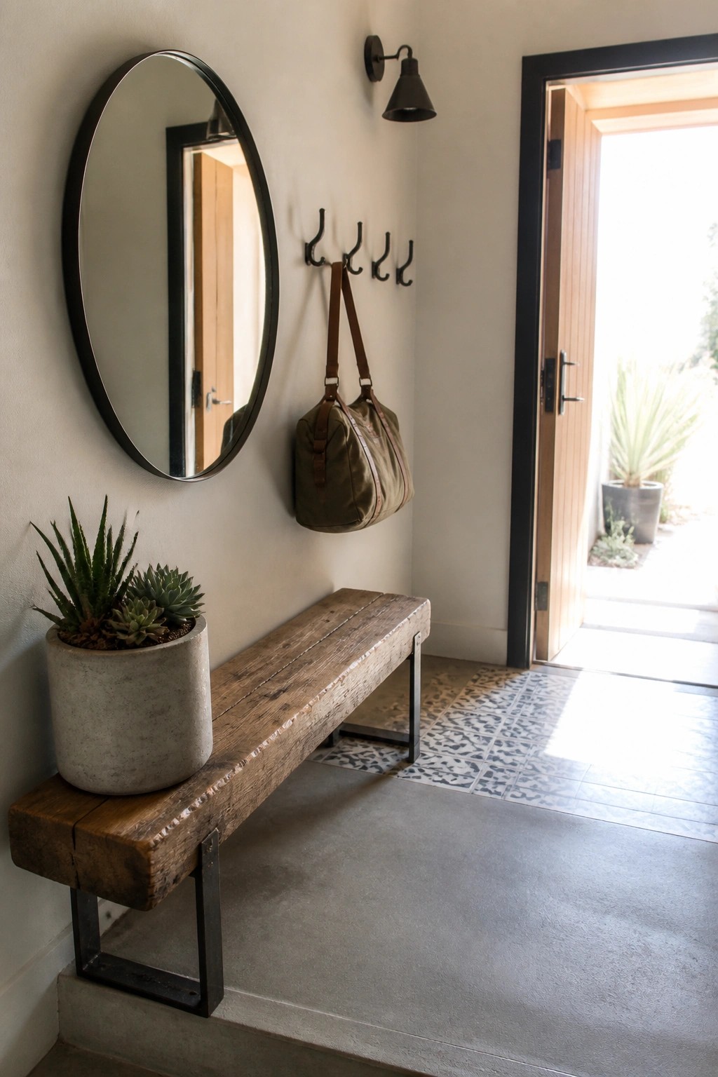 An interior entryway featuring a reclaimed wood bench with black metal legs, a round black mirror on the wall above it, a green duffel bag hanging from wall hooks, a concrete potted plant on the bench, and an open doorway to the outside.