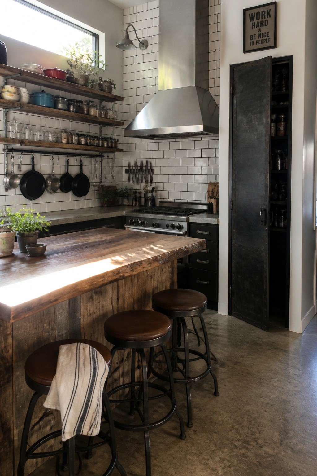 A kitchen interior with a large reclaimed wood island, three metal stools, open wooden shelves on a white tile wall, a stainless steel range hood, and a dark metal pantry door.