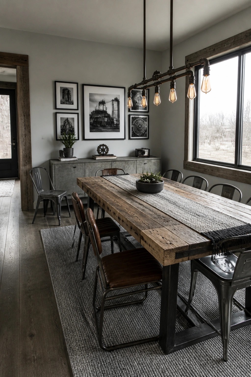 A dining room with a long reclaimed wood table, metal chairs, an industrial pipe light fixture, and a concrete sideboard against a gray wall.