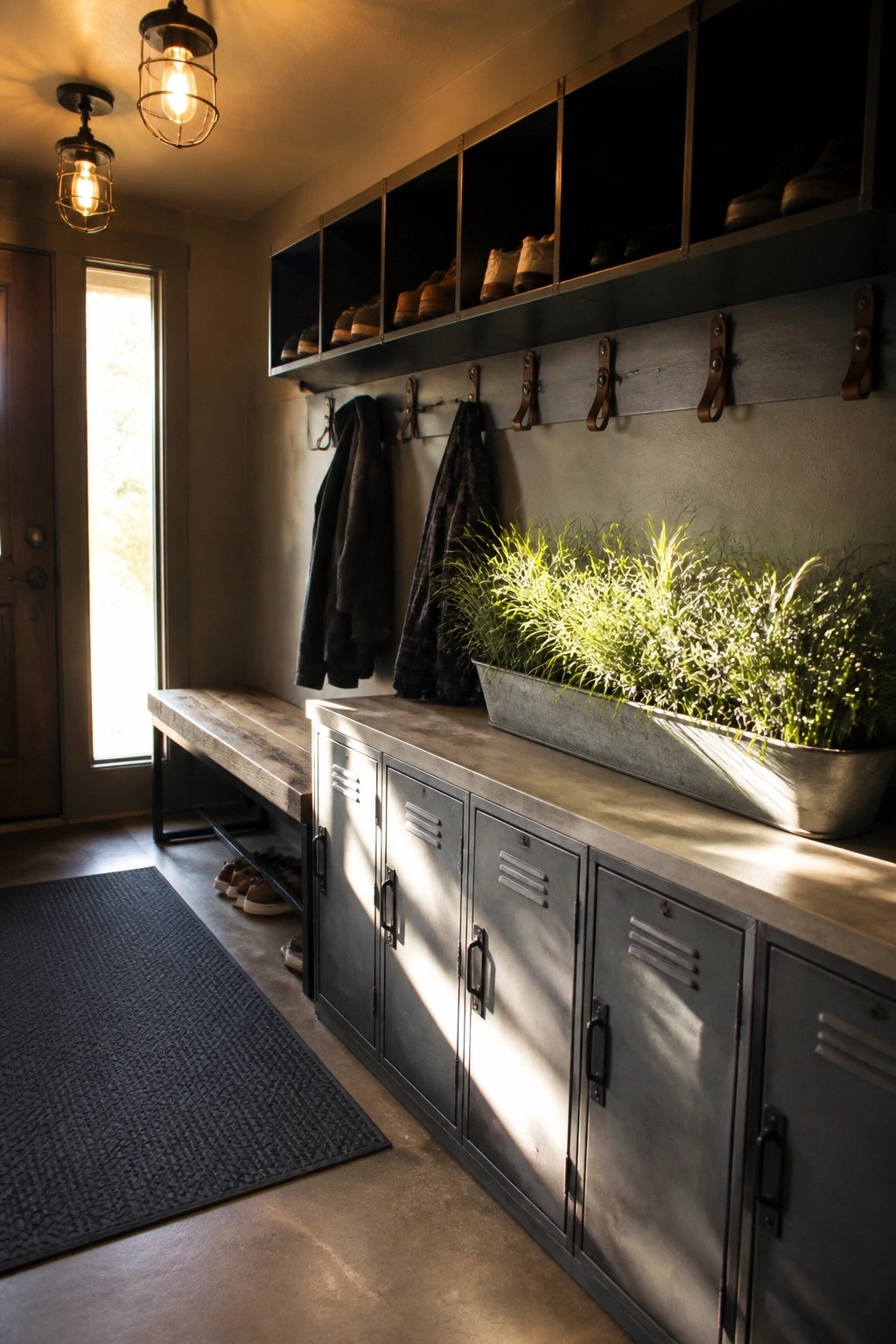 Rustic mudroom with gray metal lockers, wooden bench, hanging coats, and plant trough.
