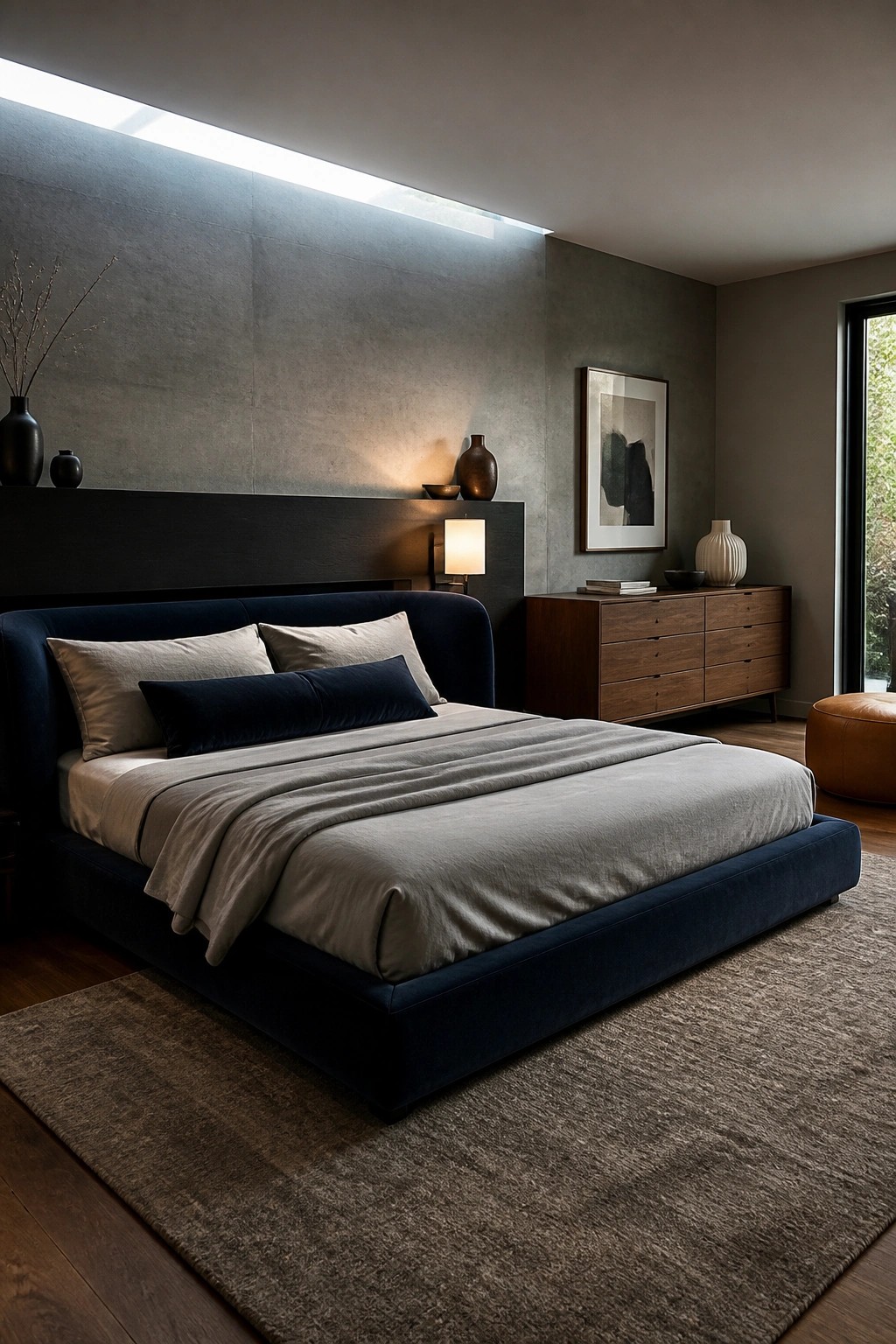 A modern bedroom centered on a large navy upholstered bed with gray bedding, set against a concrete wall with a wooden dresser nearby.