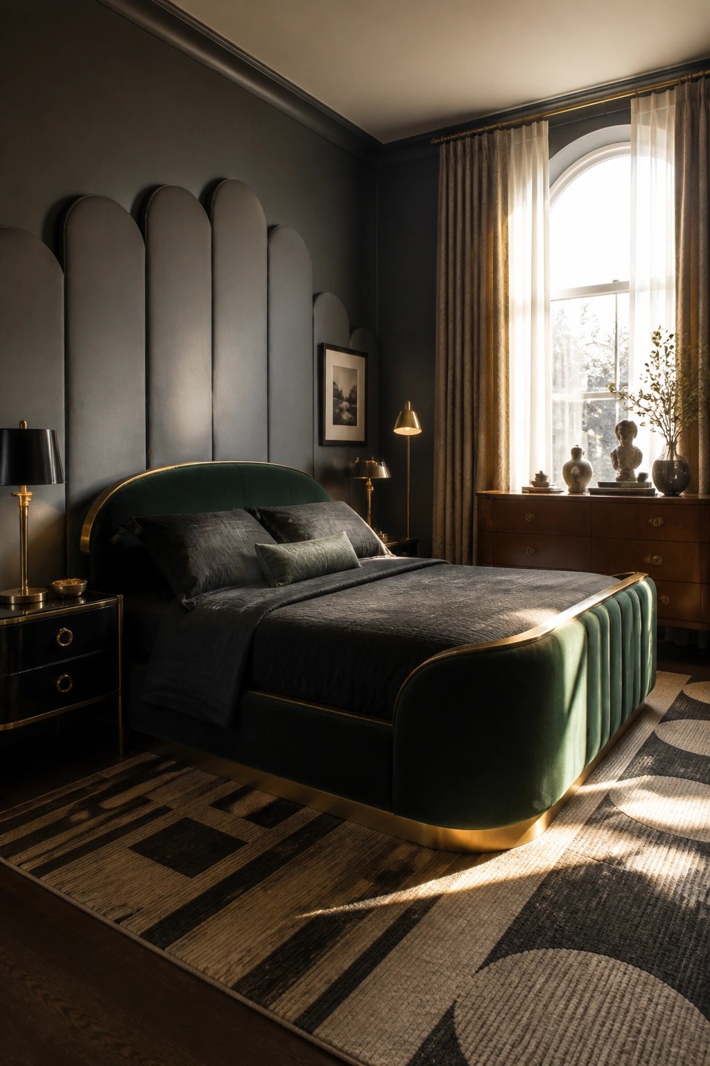 A bedroom with a curved dark green velvet upholstered bed featuring gold trim, set against a dark wall with arched panels and a large window with curtains.