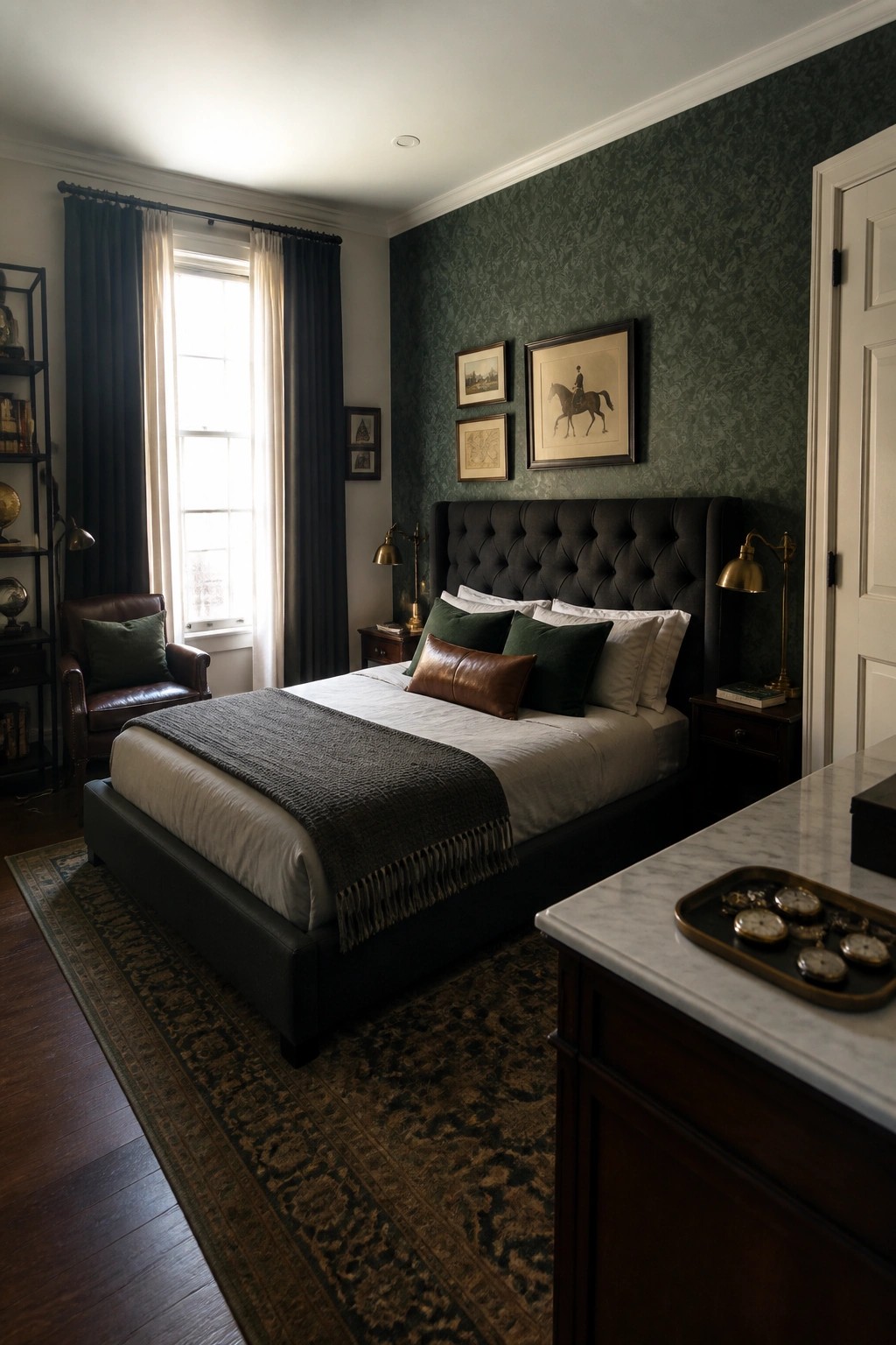 A bedroom with a large dark tufted bed, white and green bedding, green patterned wallpaper, brass lamps on nightstands, and a patterned rug on wood floors.