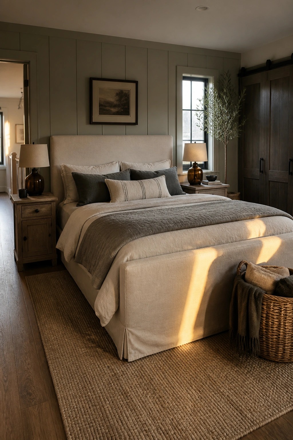 A bedroom with a large upholstered bed in neutral fabric, wooden nightstands on either side, a woven rug, and a window letting in natural light.