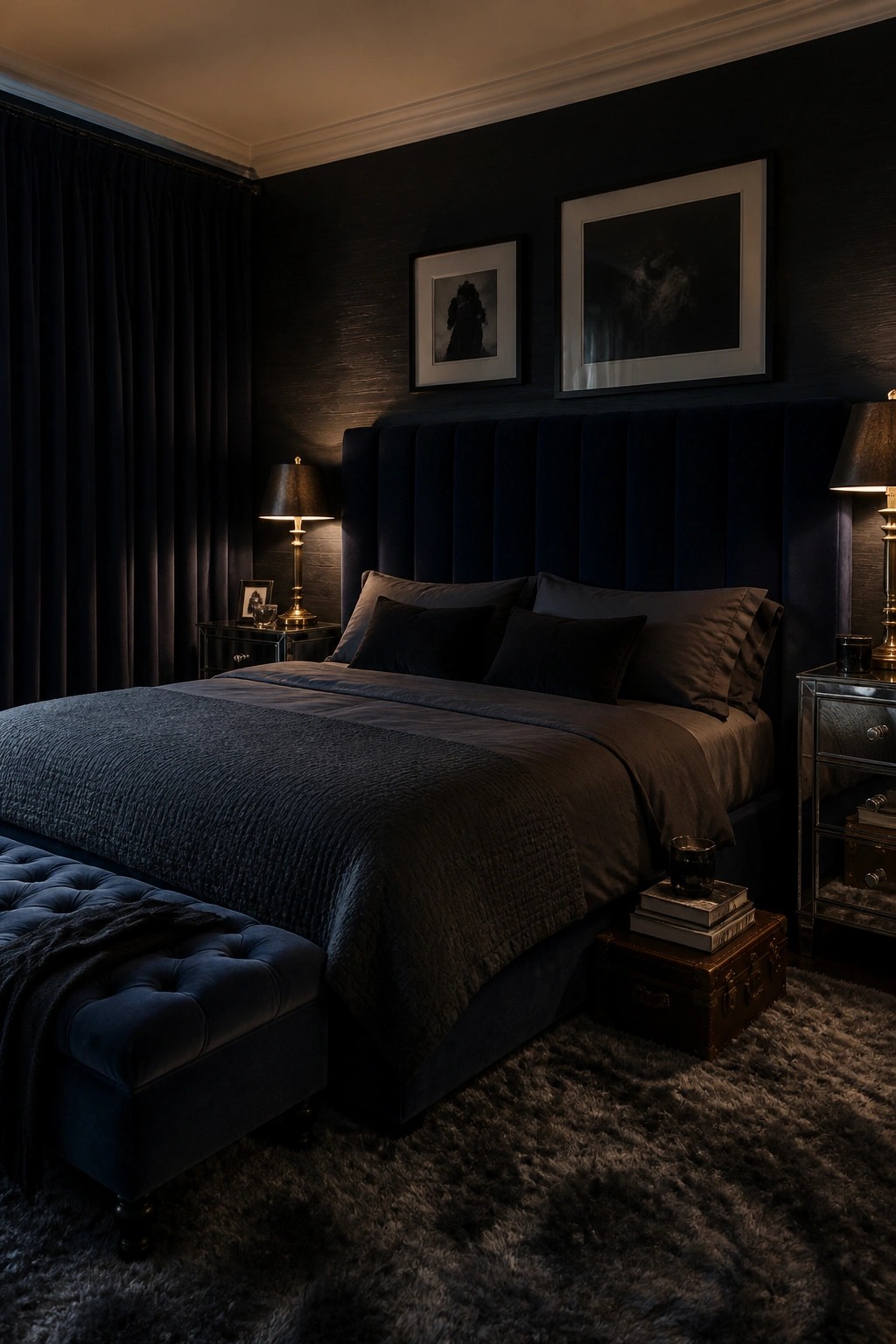 A dark bedroom featuring a large upholstered bed with a tall blue velvet headboard, layered dark bedding, two nightstands with lamps, framed artwork above the bed, a tufted bench at the foot, and a shaggy rug on the floor.
