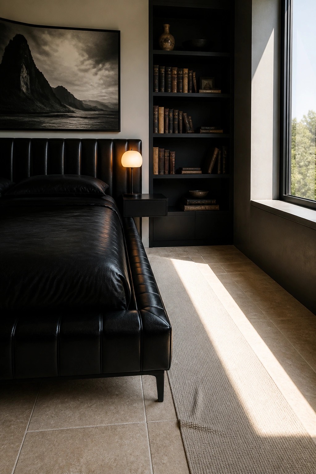 A modern bedroom featuring a black leather upholstered bed, built-in dark bookshelves filled with books, a small lit table lamp, and a large black and white landscape print above the bed.