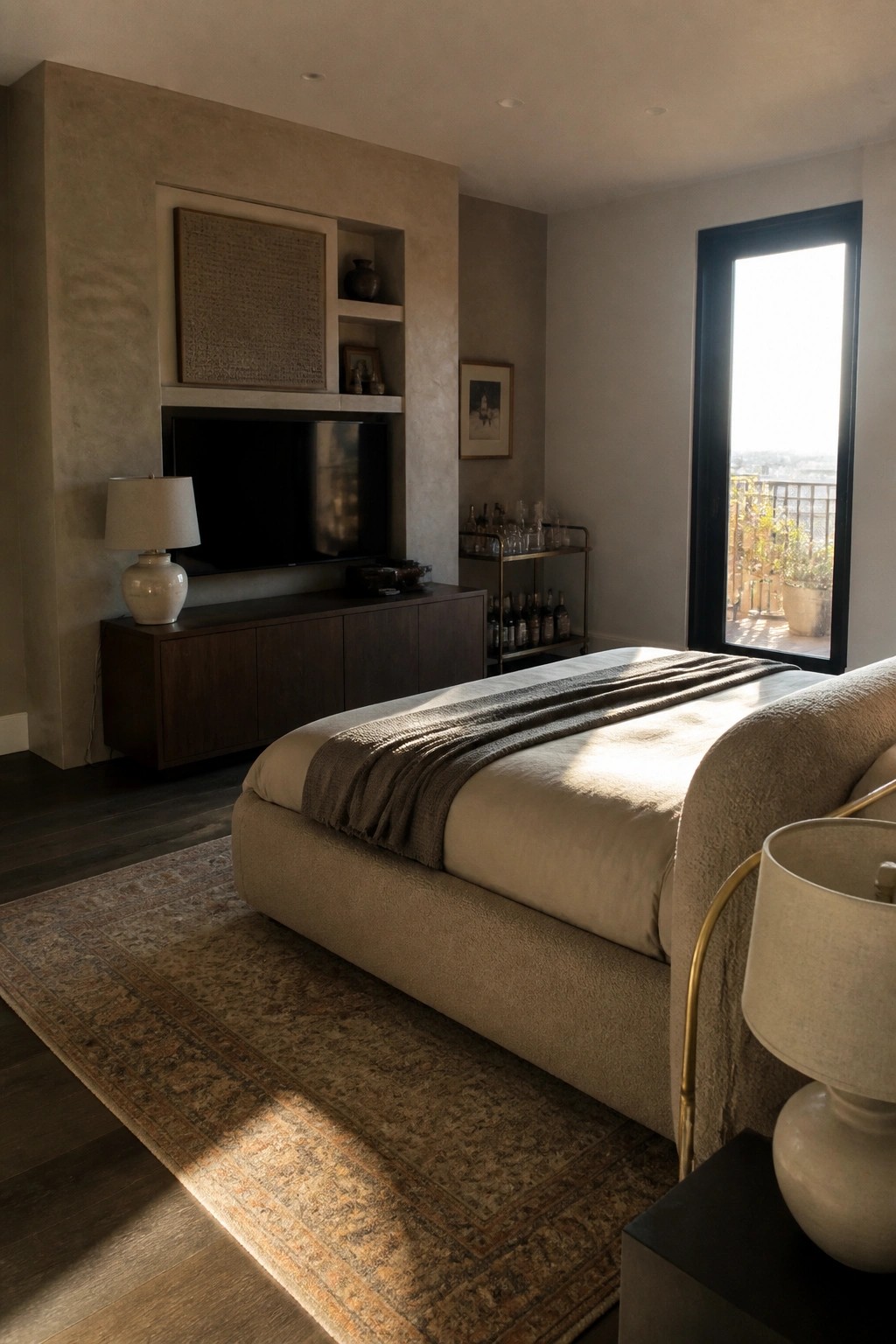 Sunlit bedroom with beige bed, patterned rug, TV console, and large window