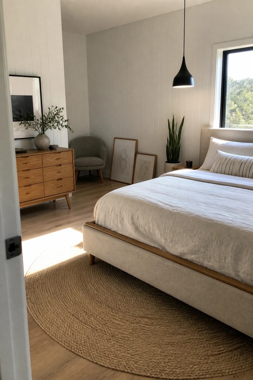 A modern bedroom with a beige upholstered bed on a round jute rug, wooden dresser, black pendant light, and framed line drawings on the wall.