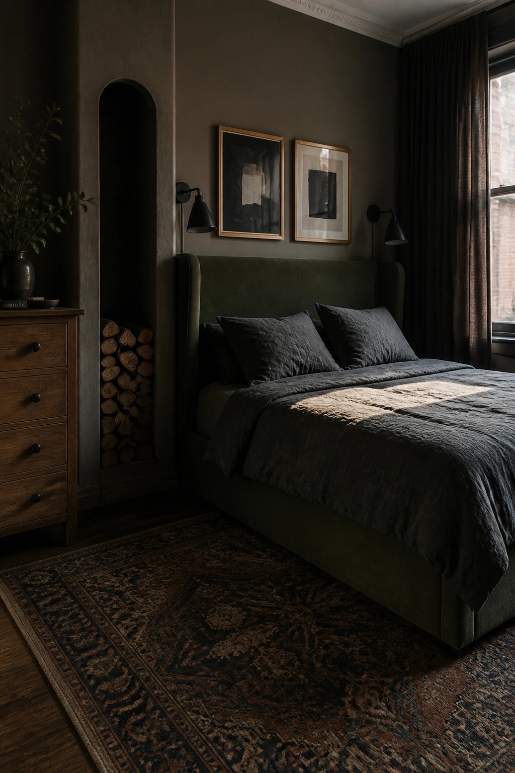 A bedroom with a large dark green upholstered bed dressed in black linens, two black sconces and framed art above the headboard, a wooden dresser with a vase on the left, and a patterned rug covering the floor.