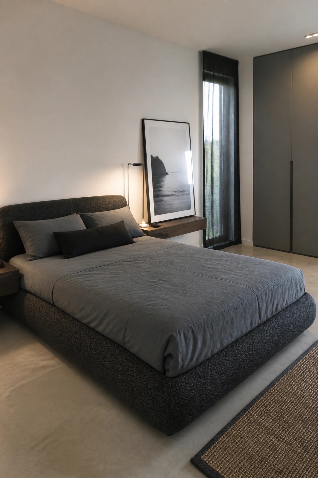 A modern bedroom with a large dark gray upholstered bed, matching bedding, and a framed black and white photograph on the wall above a wooden ledge.
