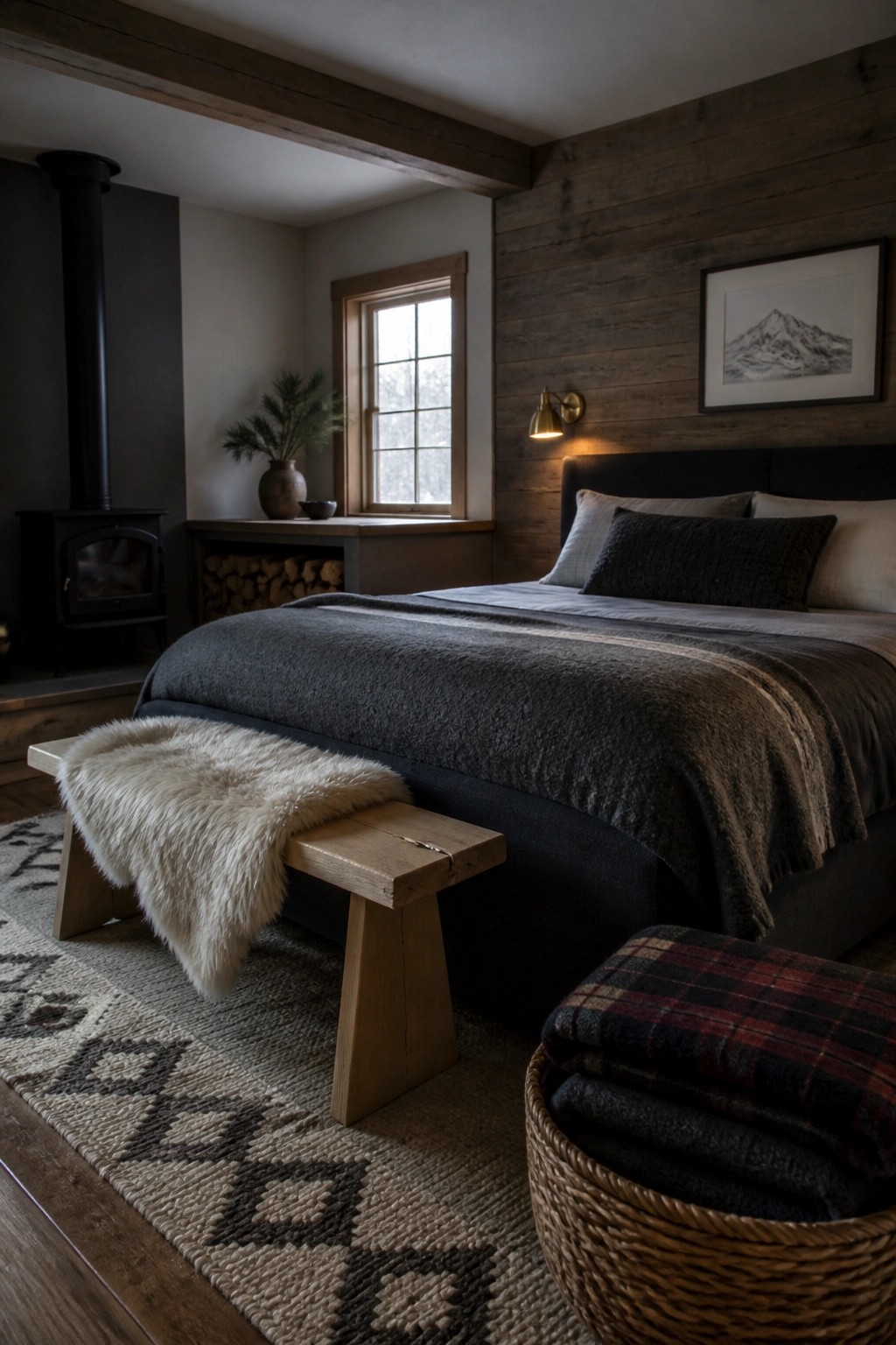 A bedroom with a dark upholstered bed, wooden bench at the foot, woven rug, and black wood stove on the left side.