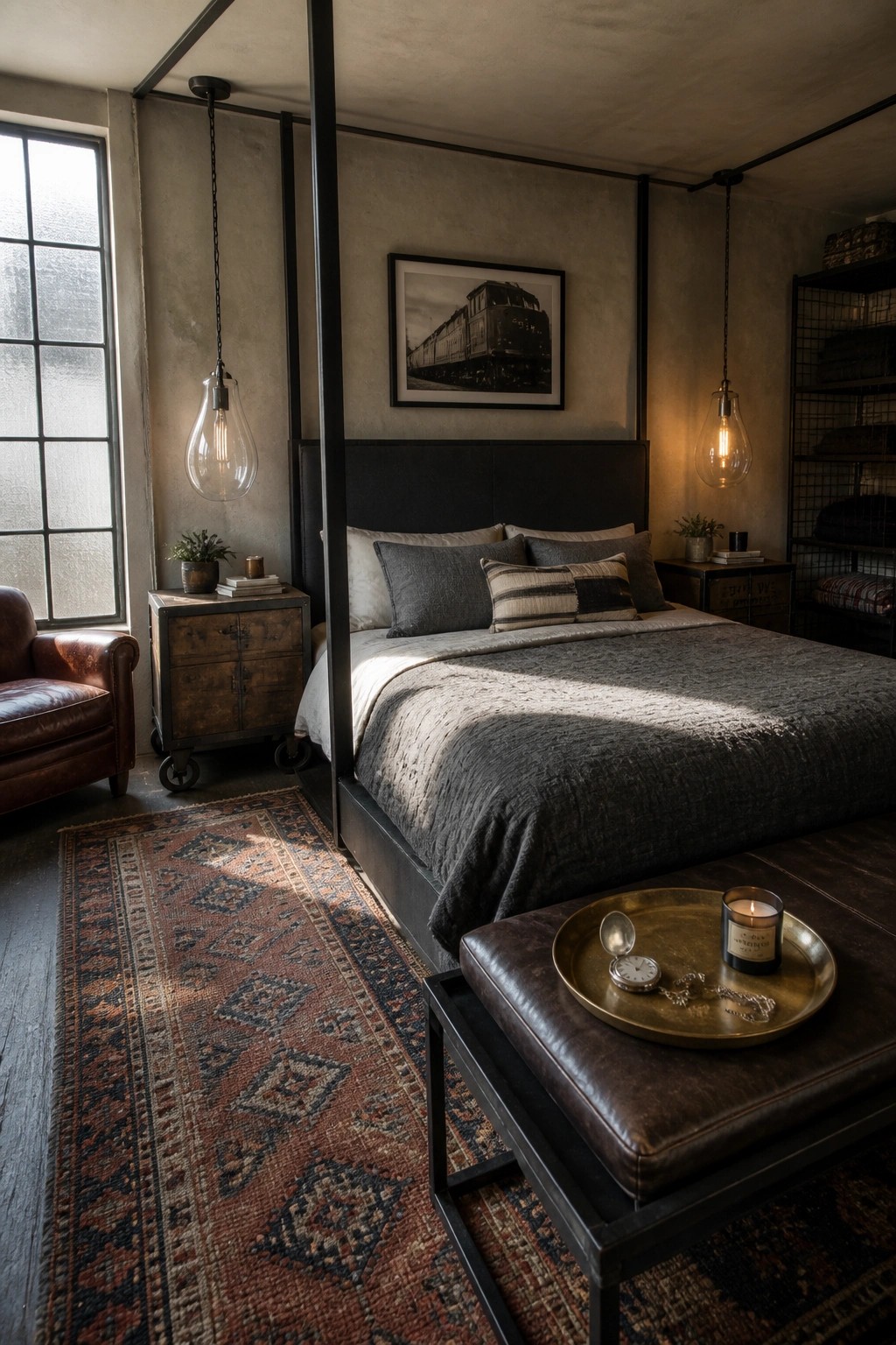 A bedroom with a four-poster bed featuring a dark upholstered headboard, gray bedding, two hanging pendant lights, a leather bench with a tray, a patterned rug, and industrial-style furniture.
