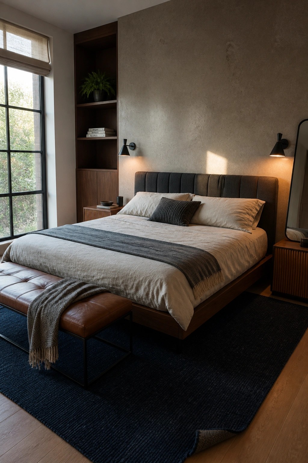 A bedroom with a large bed featuring a dark upholstered headboard, neutral linens, a brown leather bench, built-in wood shelving, and a dark area rug.