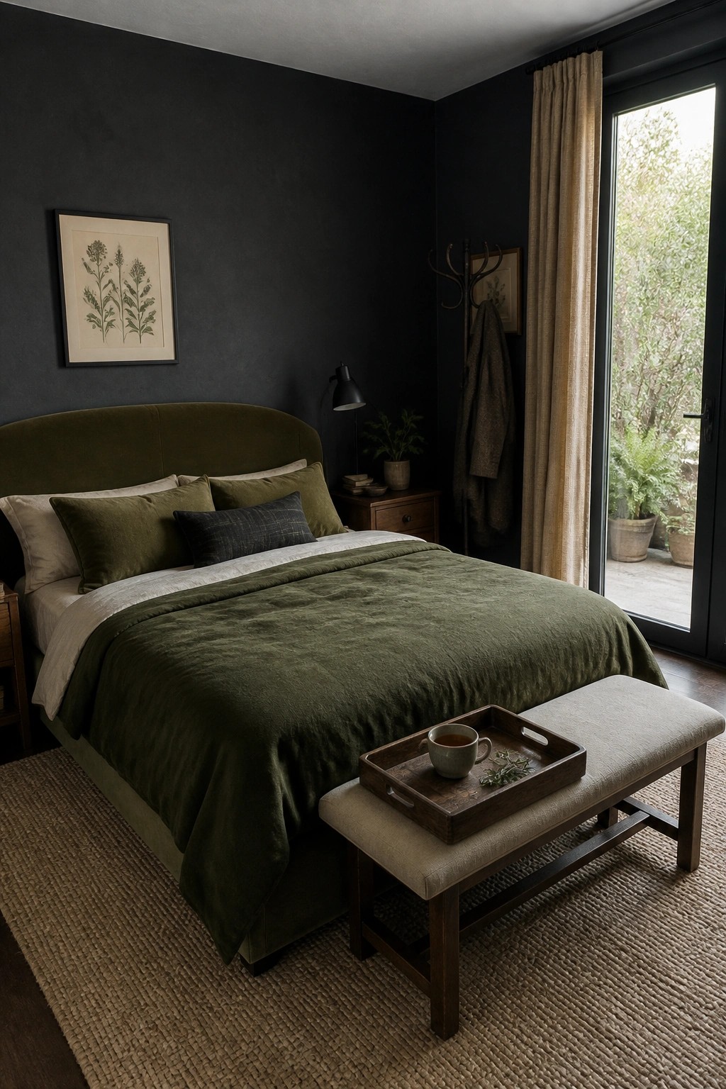 Dark bedroom with green velvet bed, linen bedding, and tray on bench