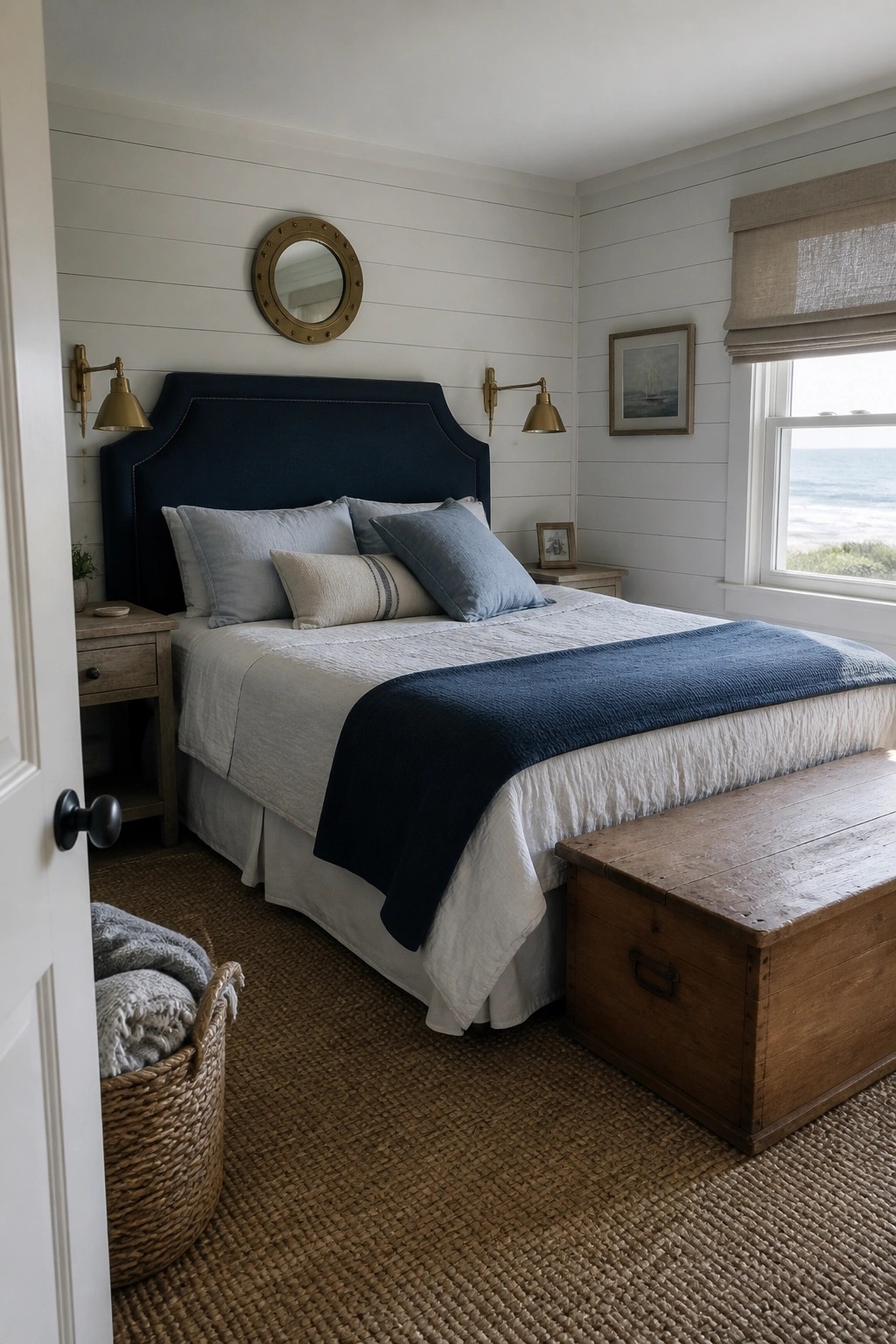 A bedroom with a navy upholstered bed, light bedding, brass sconces, a wooden chest at the foot of the bed, and a round mirror above the headboard.