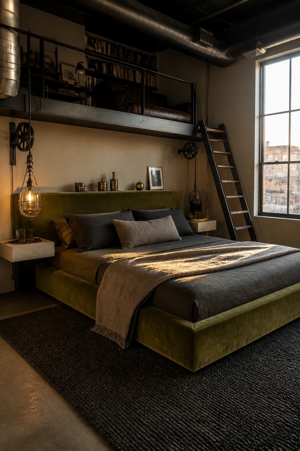 A modern masculine bedroom features a large green velvet upholstered bed with dark gray bedding, positioned under a metal loft with a black ladder, industrial lighting, and a large window on the right.