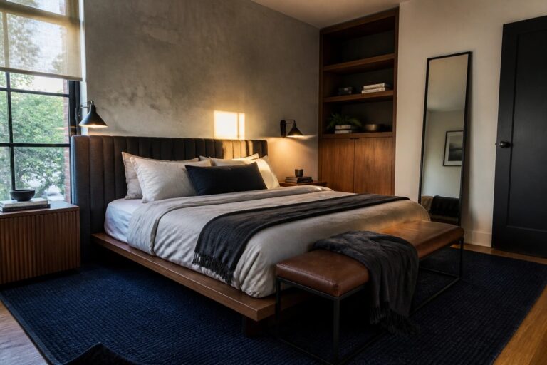 24 Modern Masculine Bedroom Ideas Built Around Upholstered Beds A bedroom with a large bed featuring a dark upholstered headboard, neutral linens, a brown leather bench, built-in wood shelving, and a dark area rug.