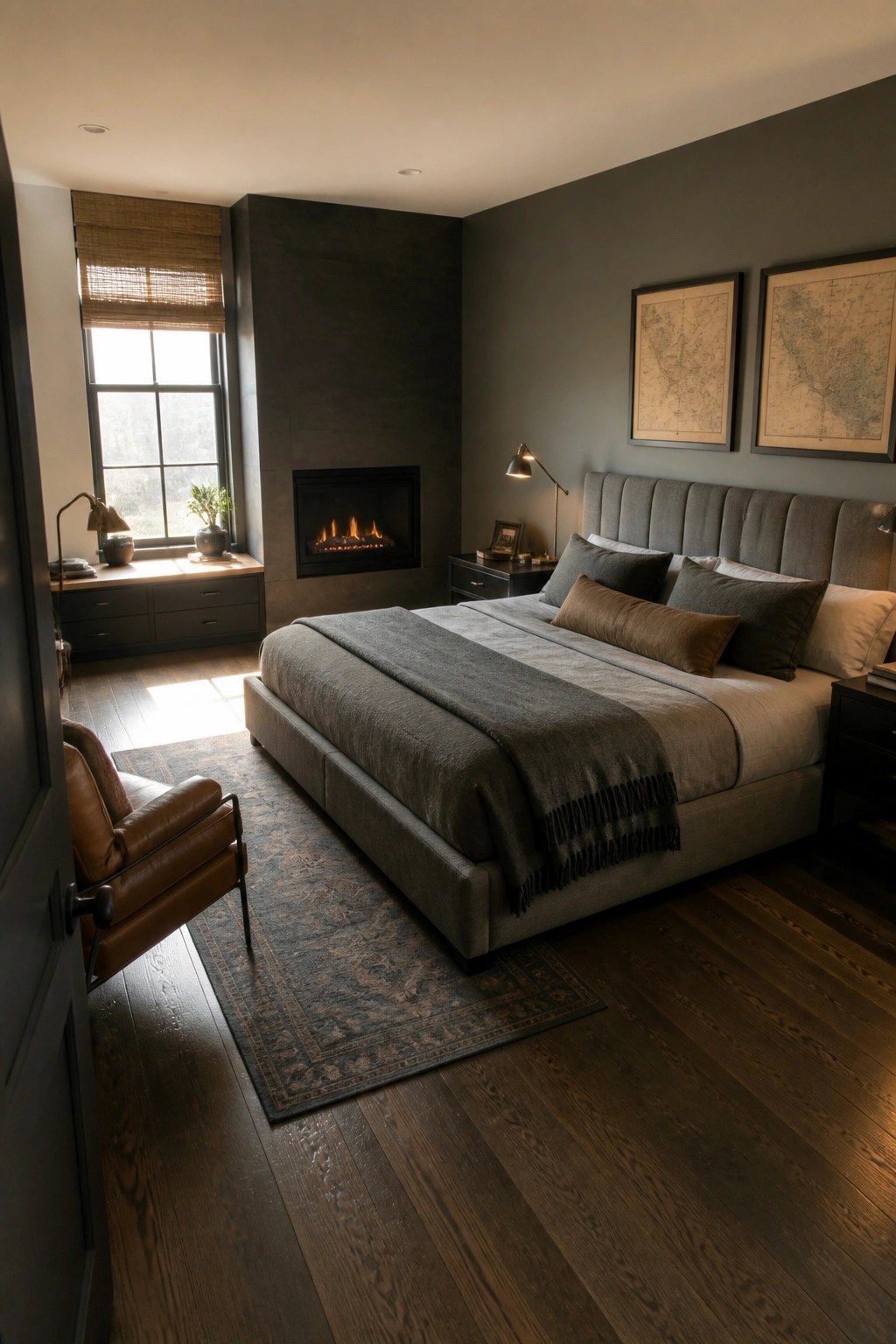 A bedroom with a large gray upholstered bed centered against dark walls, a black fireplace to the left, and a brown leather chair in the foreground.