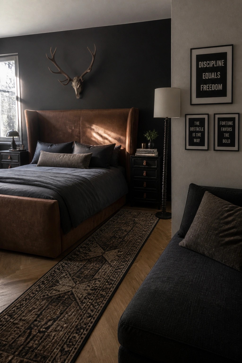 A bedroom featuring a large brown leather upholstered bed against a black wall, with a mounted deer skull above the headboard and dark bedding.