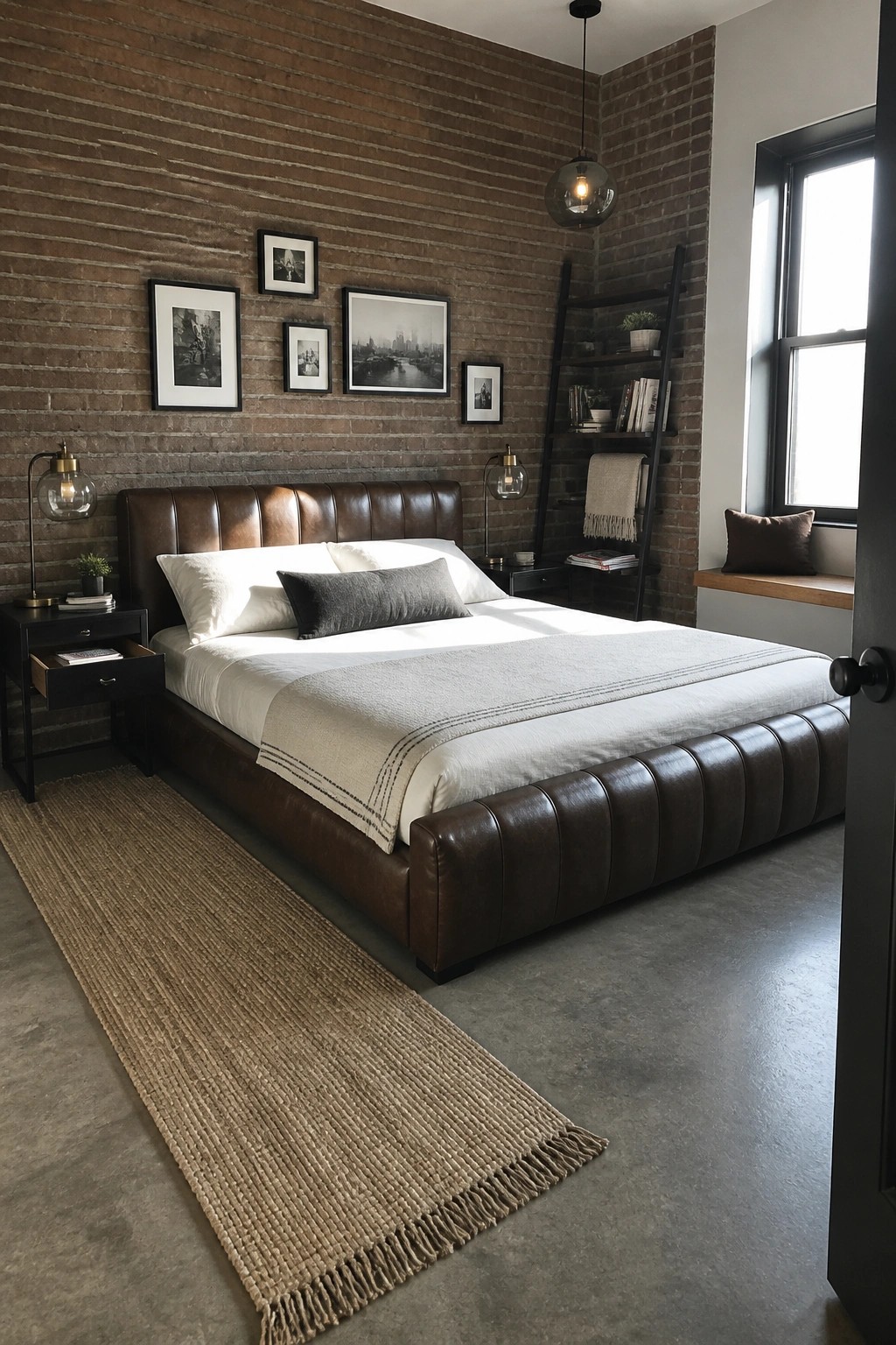 Modern bedroom with brown leather bed, exposed brick wall, woven rug, and ladder shelf.