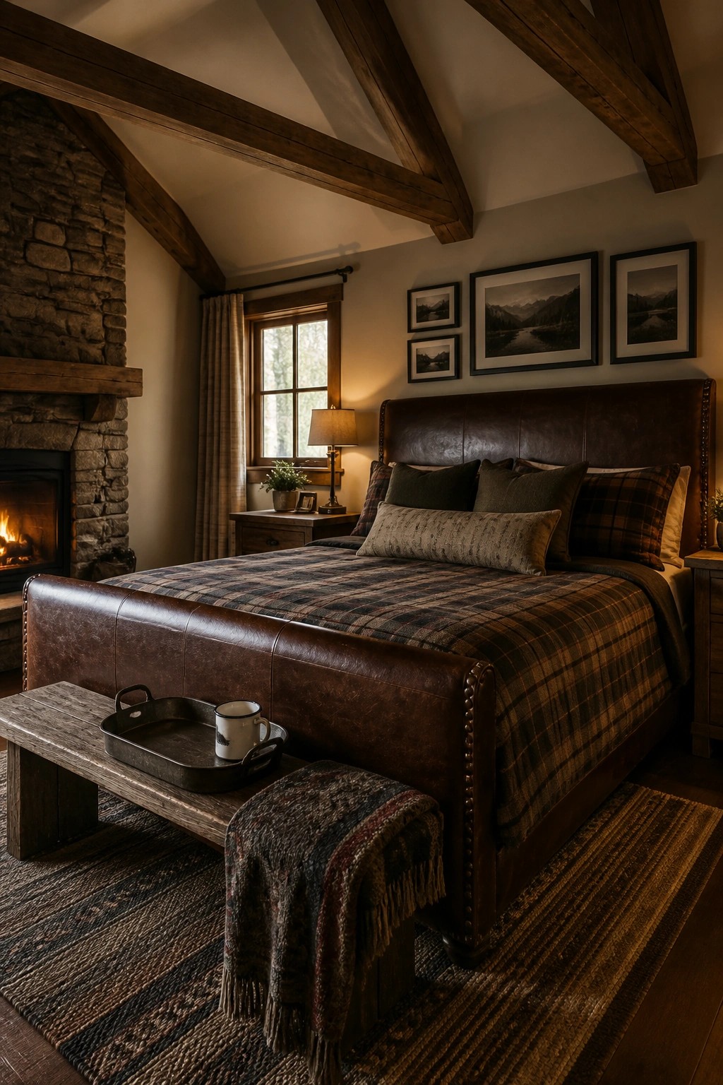 Rustic bedroom with leather bed, plaid bedding, stone fireplace, and wooden beams.