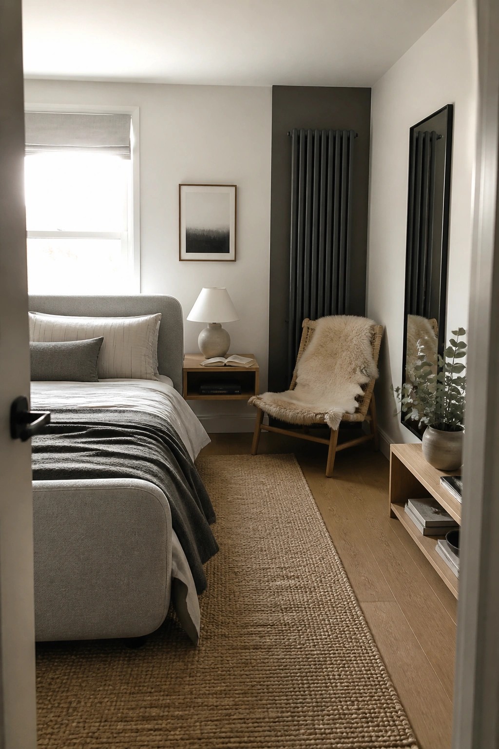 A bedroom with a gray upholstered bed, white and gray bedding, a wooden nightstand, a woven chair with a sheepskin throw, and a tall mirror on the wall.
